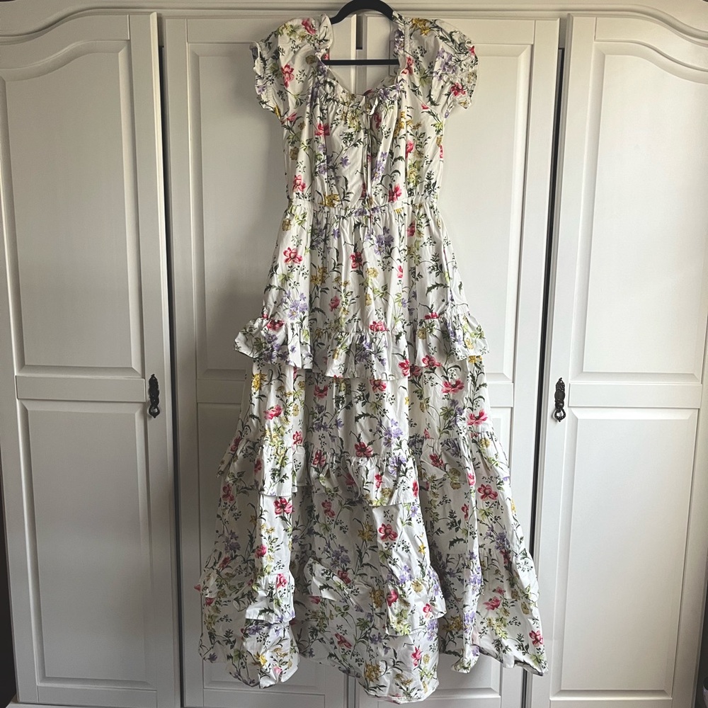 Meadows Bacopa dress women’s size 10 spring floral maxi ruffle offshoulder white